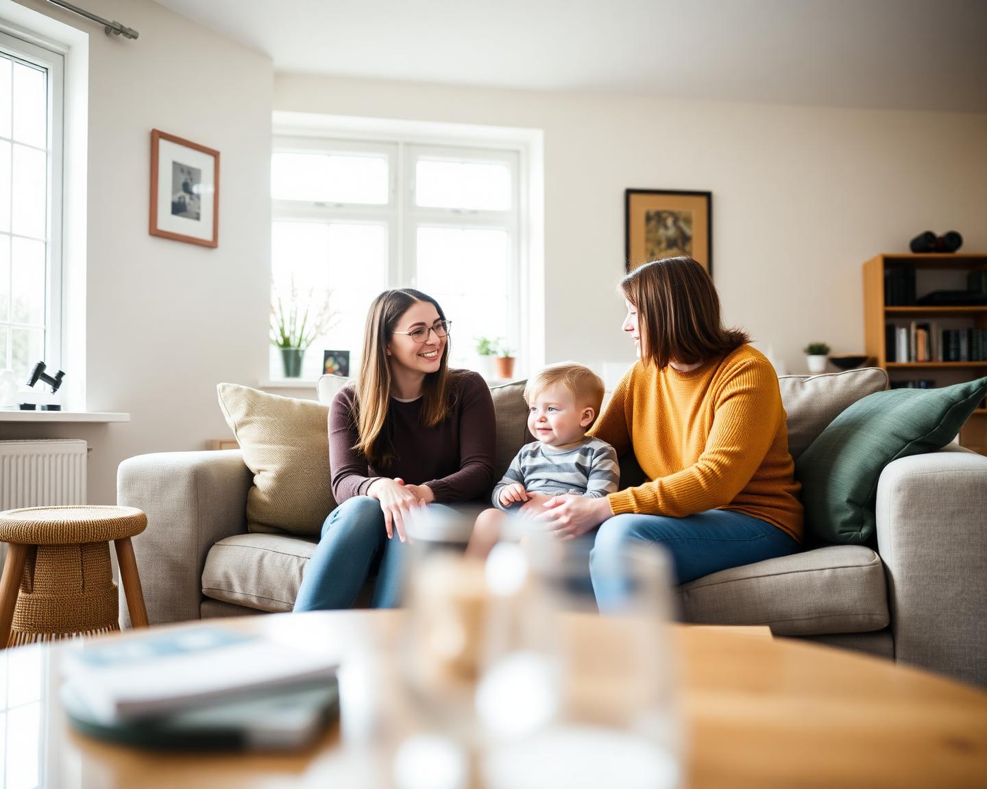 A family sitting together in the living room of their home
