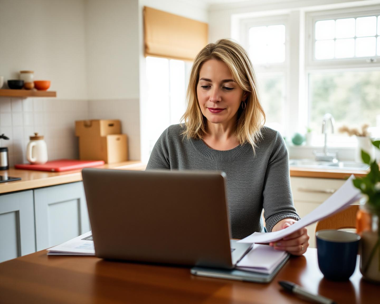 A woman working through paperwork on a laptop at her kitchen table