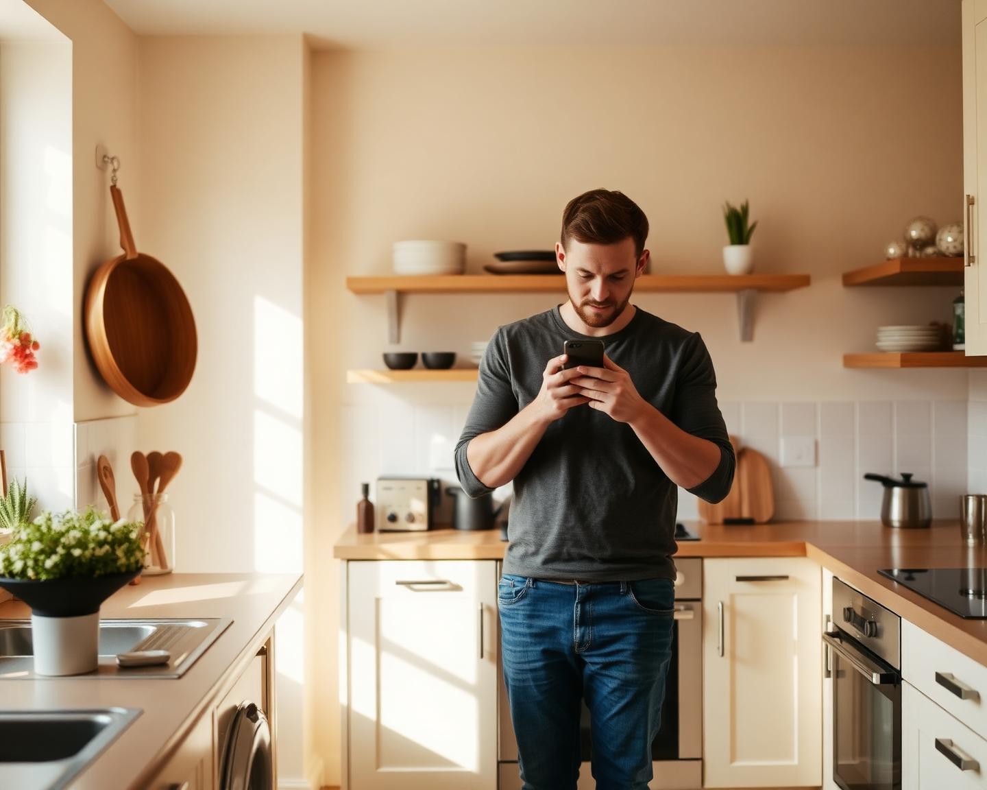 A man using his phone in the kitchen of his home
