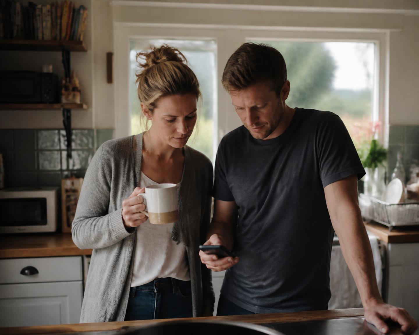 A couple at home in their kitchen looking at a phone together