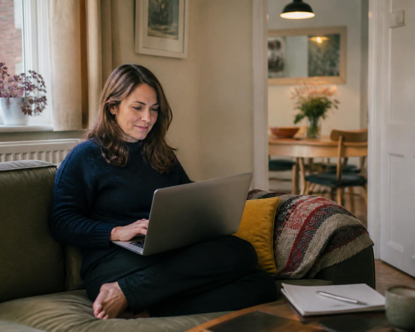 A woman relaxing on her sofa at home using a laptop
