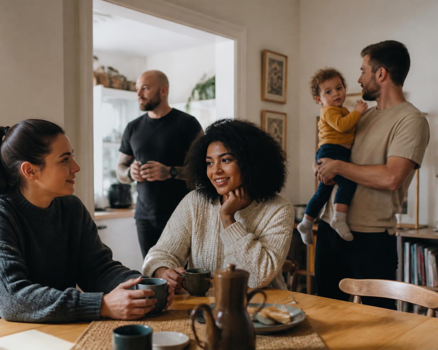 A group of adults and a young child talking together around a kitchen table at home