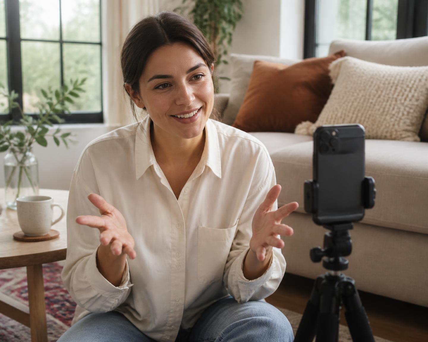 An adult creator recording a video on a phone tripod in a bright living room at home