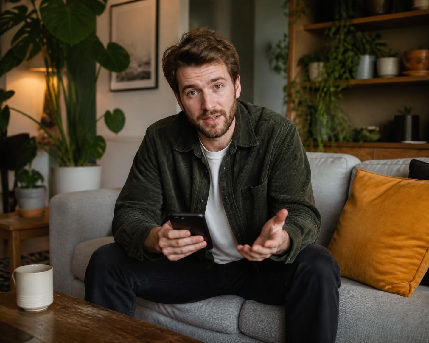 A creator sitting on a sofa at home talking to camera while holding a smartphone