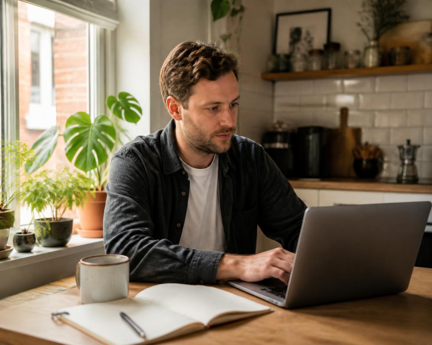 A creator editing video on a laptop at a kitchen table with a notebook and mug