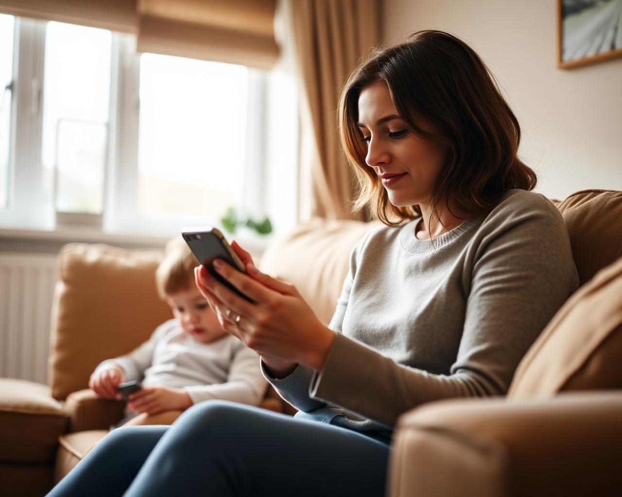 A mother checking her phone on the sofa while her young child plays beside her