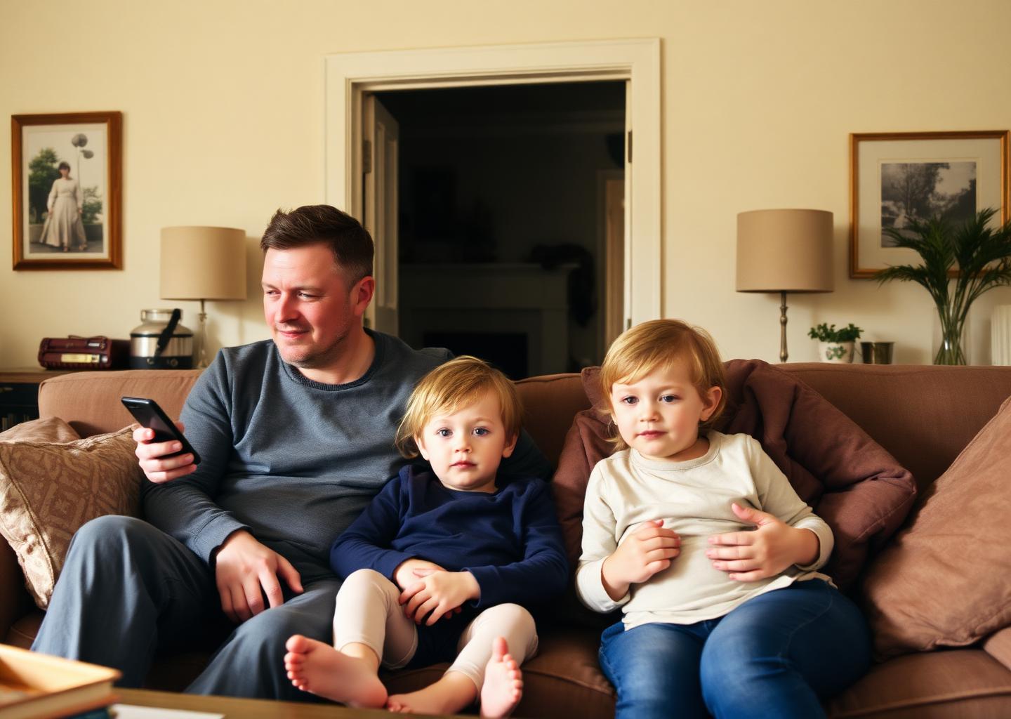 A father and his two young children sitting together on the sofa at home