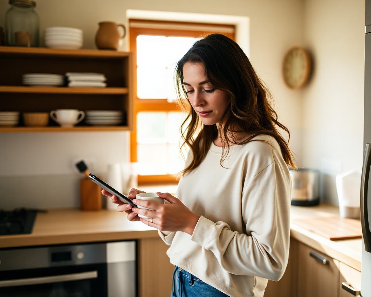A woman holding a mug and checking her phone in her kitchen at home