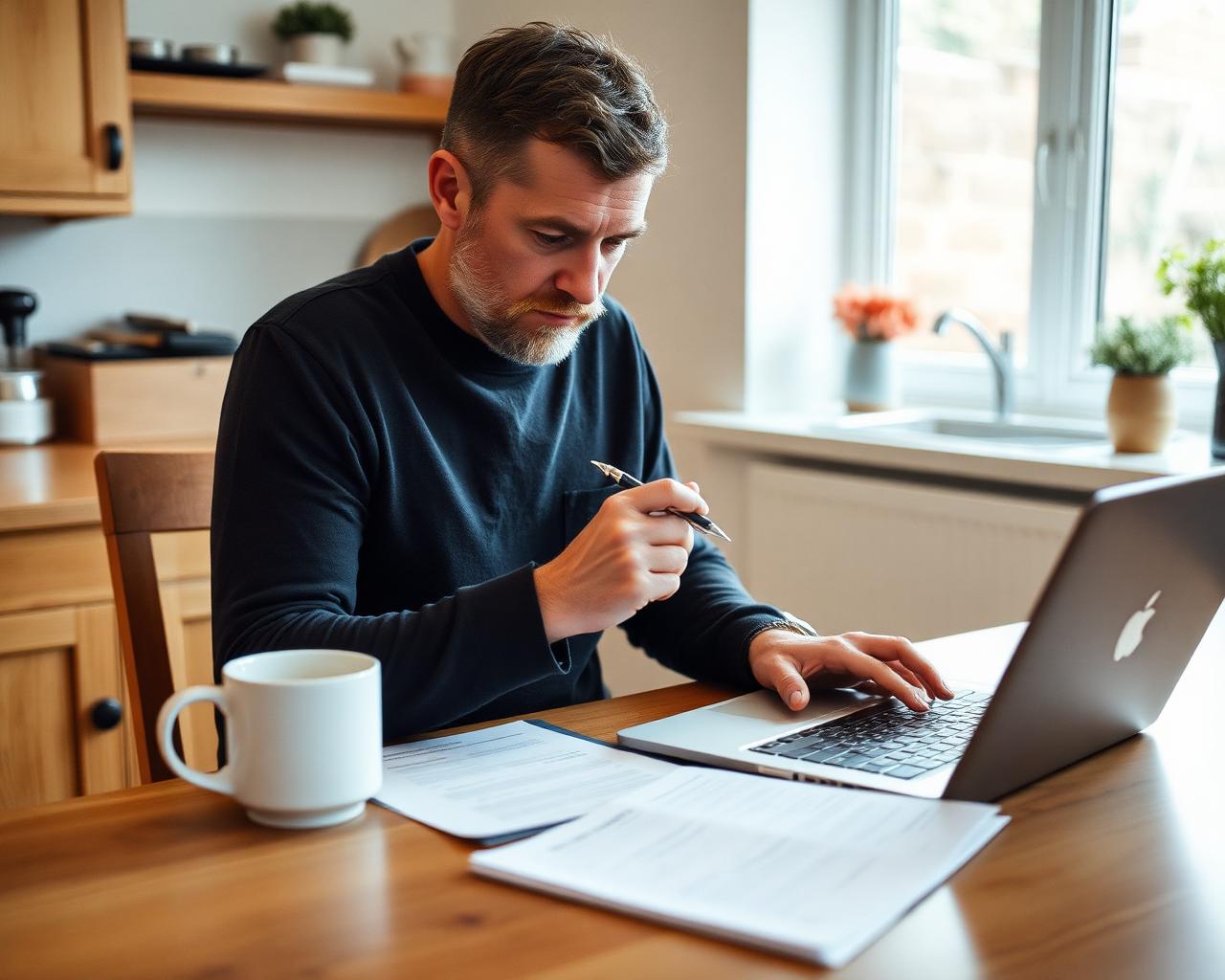 A man working through paperwork beside a laptop at his kitchen table