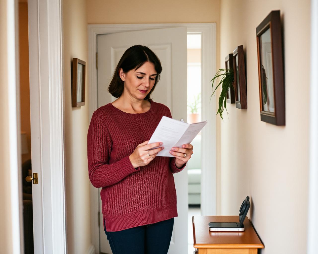 A woman reading a letter in the hallway of her home with her phone nearby