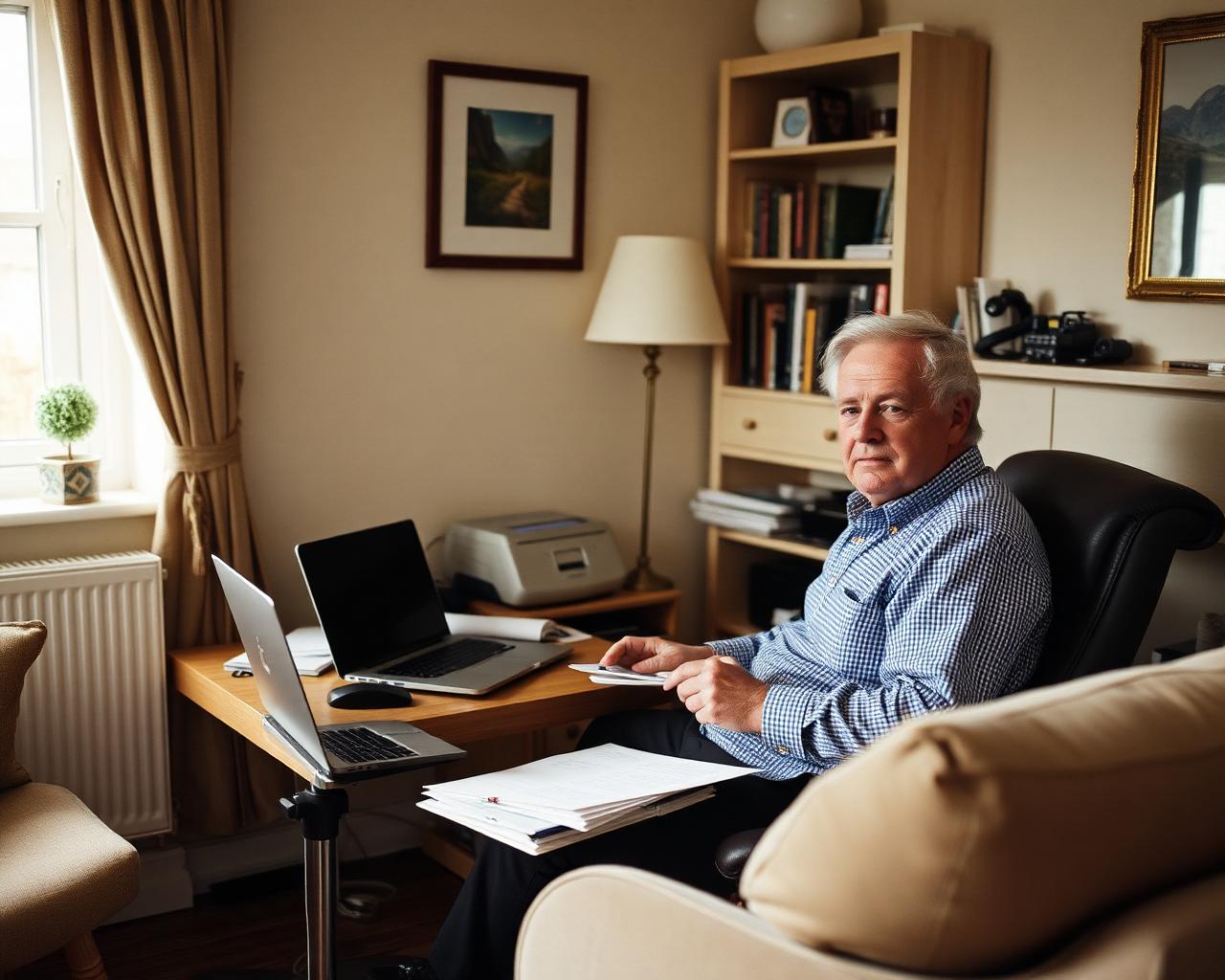 A man calmly sorting documents at a small desk in his living room