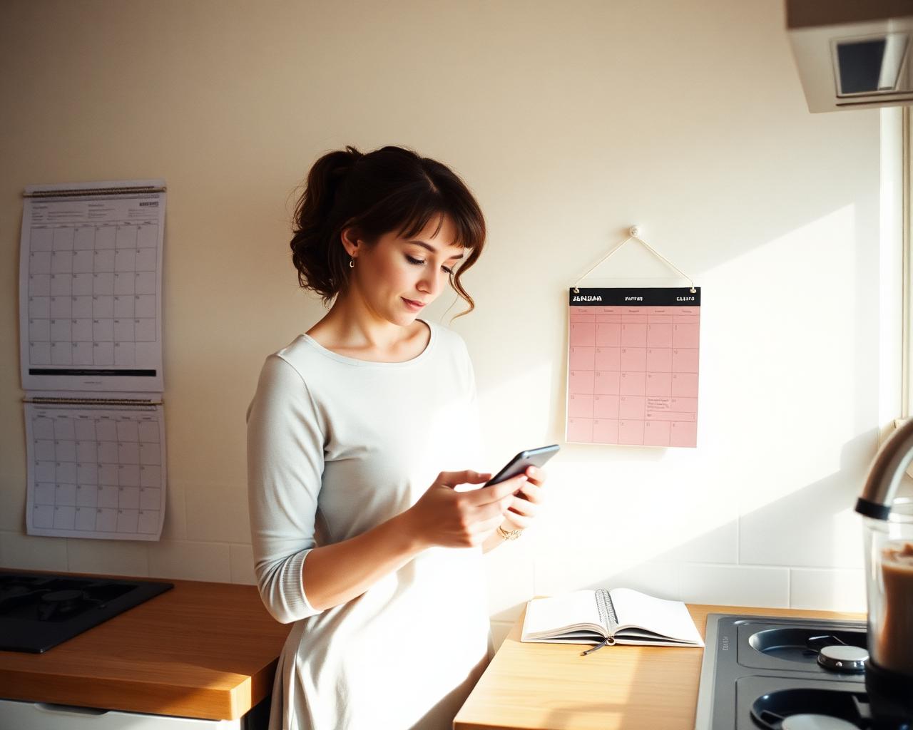 A woman checking her phone beside a wall calendar and notebook in her kitchen
