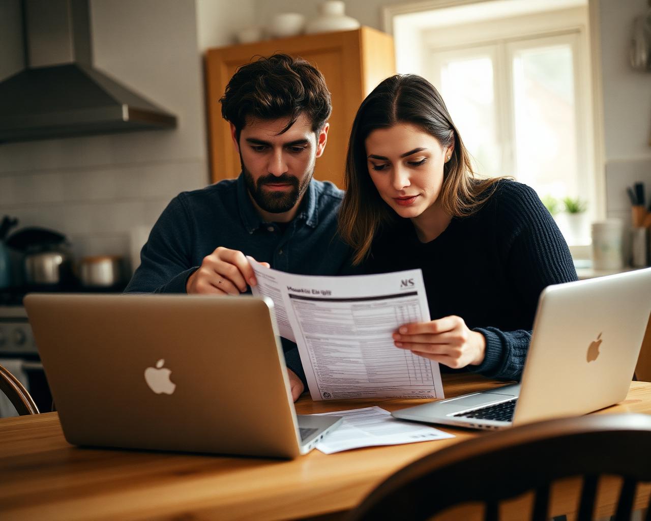 A couple looking together at a household energy bill at their kitchen table
