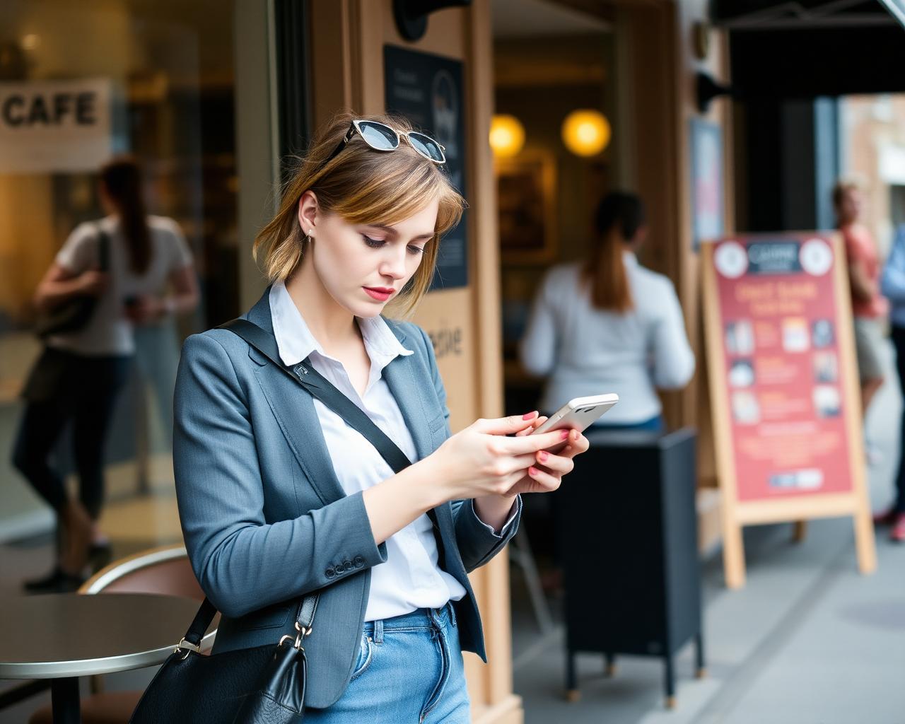 A young woman checking her phone outside a cafe on a British high street