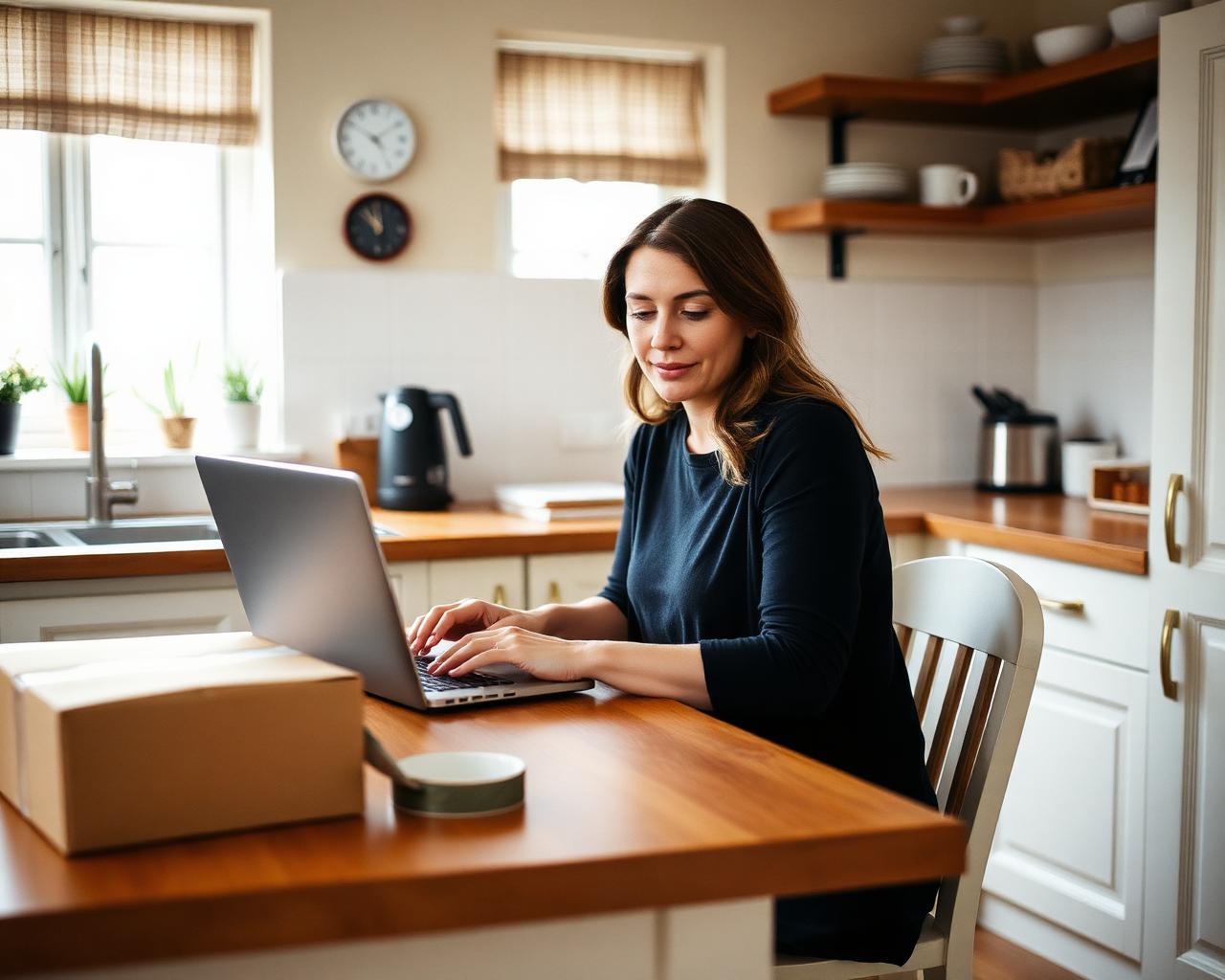 A woman using her laptop at the kitchen table with parcels ready to send beside her