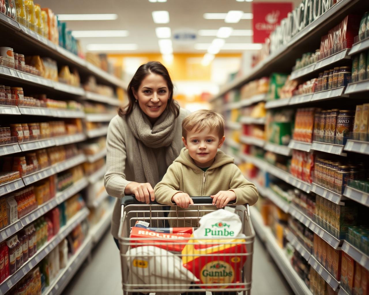 A mother and her young son doing the weekly food shop in a supermarket aisle