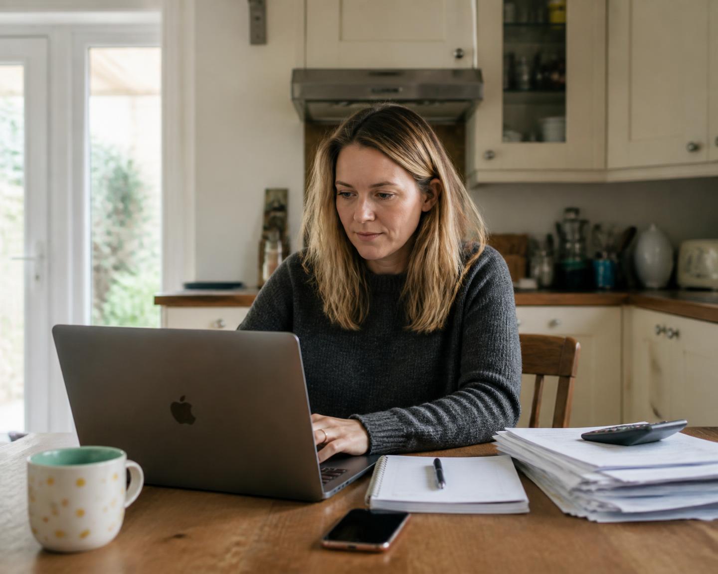 A woman working at her laptop at the kitchen table with household paperwork beside her