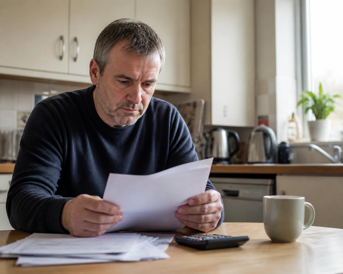 A man reviewing household bills and paperwork at his kitchen table