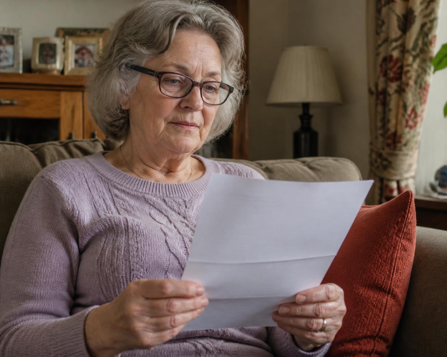 An older woman reading a letter while sitting on her sofa at home