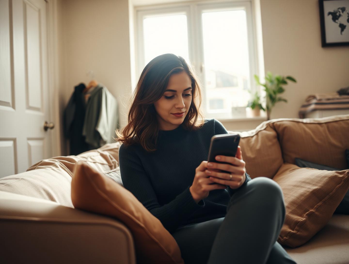 A woman sitting on her sofa at home using her phone