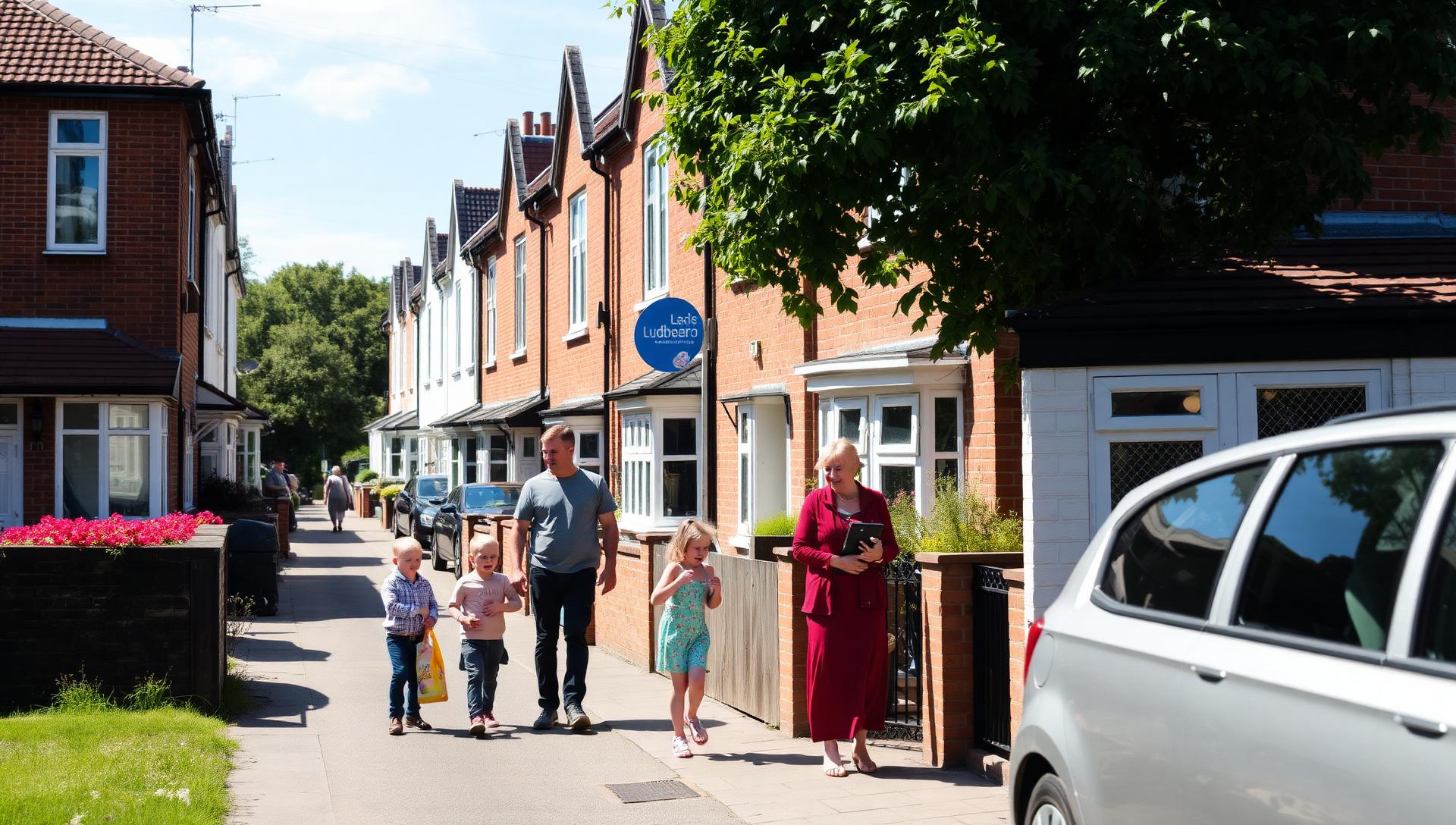 Families and neighbours out on a British residential street on a bright day