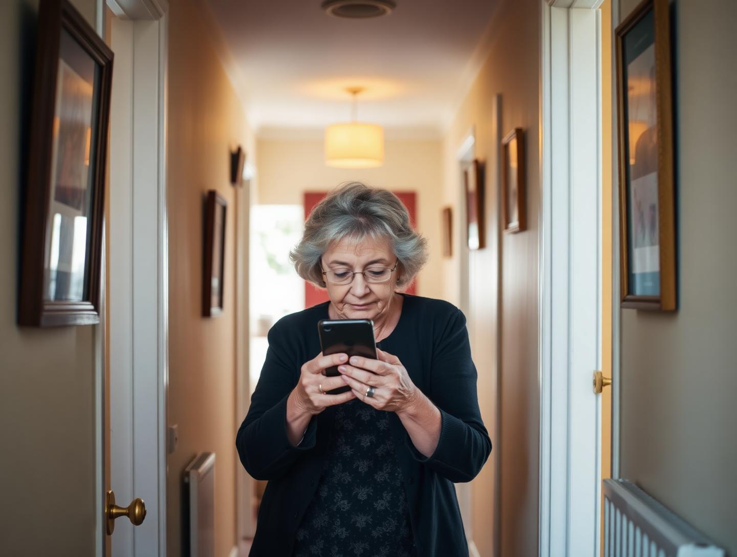 A woman checking her phone in the hallway of her home