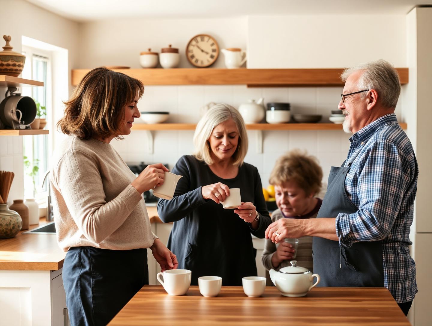 A British family making tea together in their kitchen