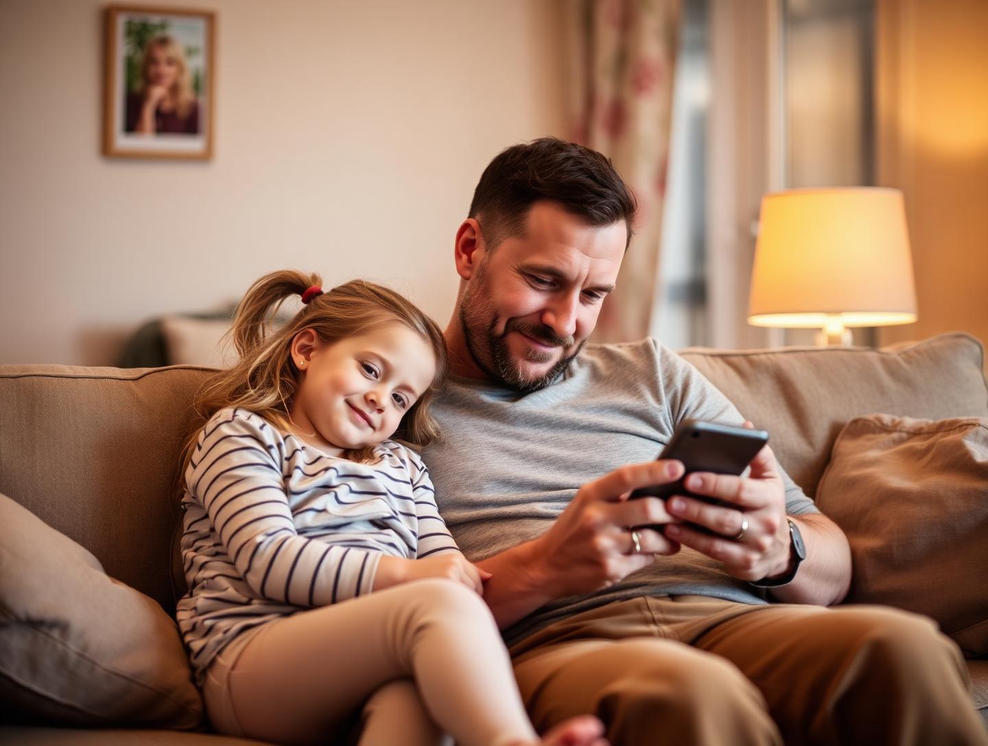 A father and his young daughter looking at a phone together on the sofa