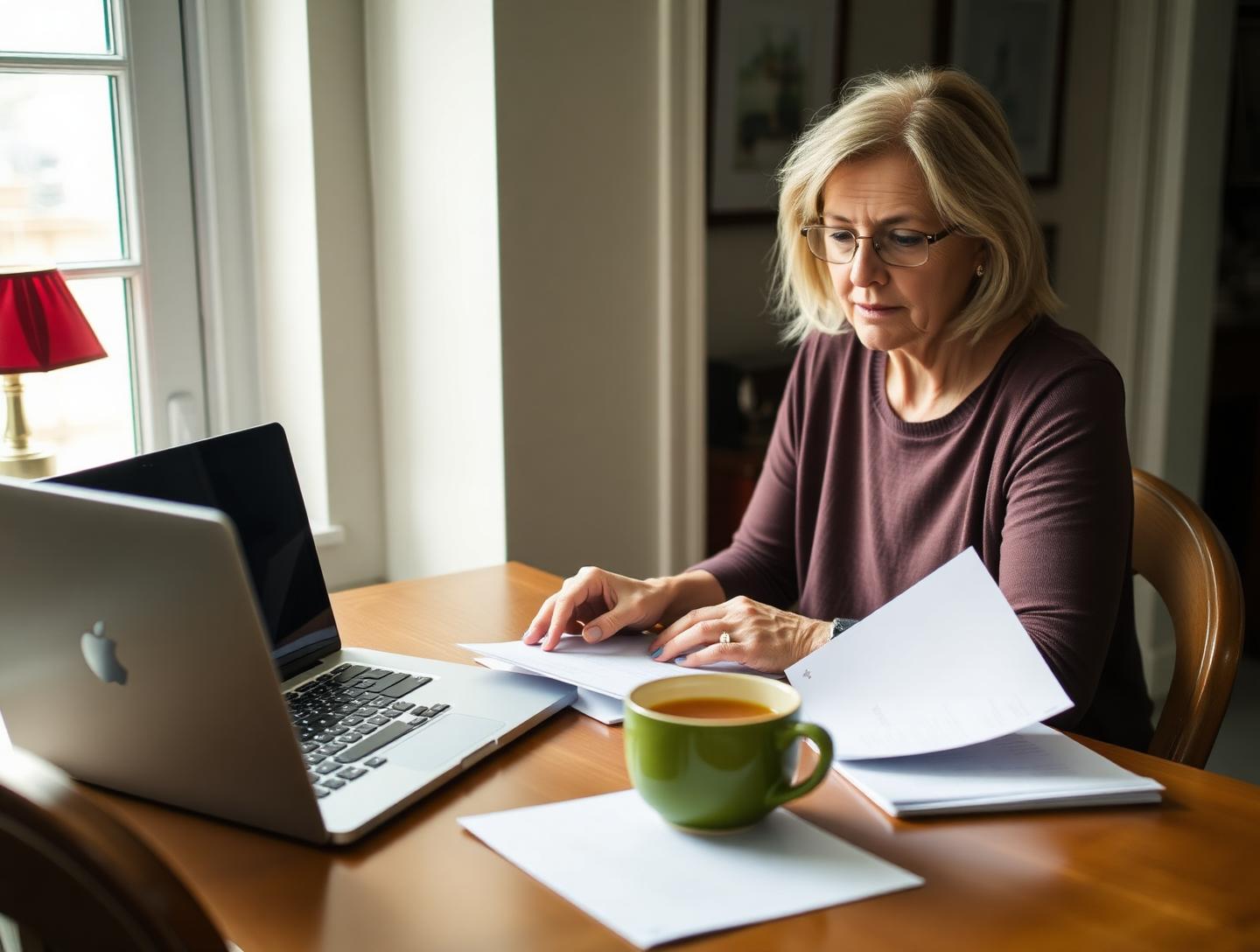A woman working through paperwork and a laptop at her dining table