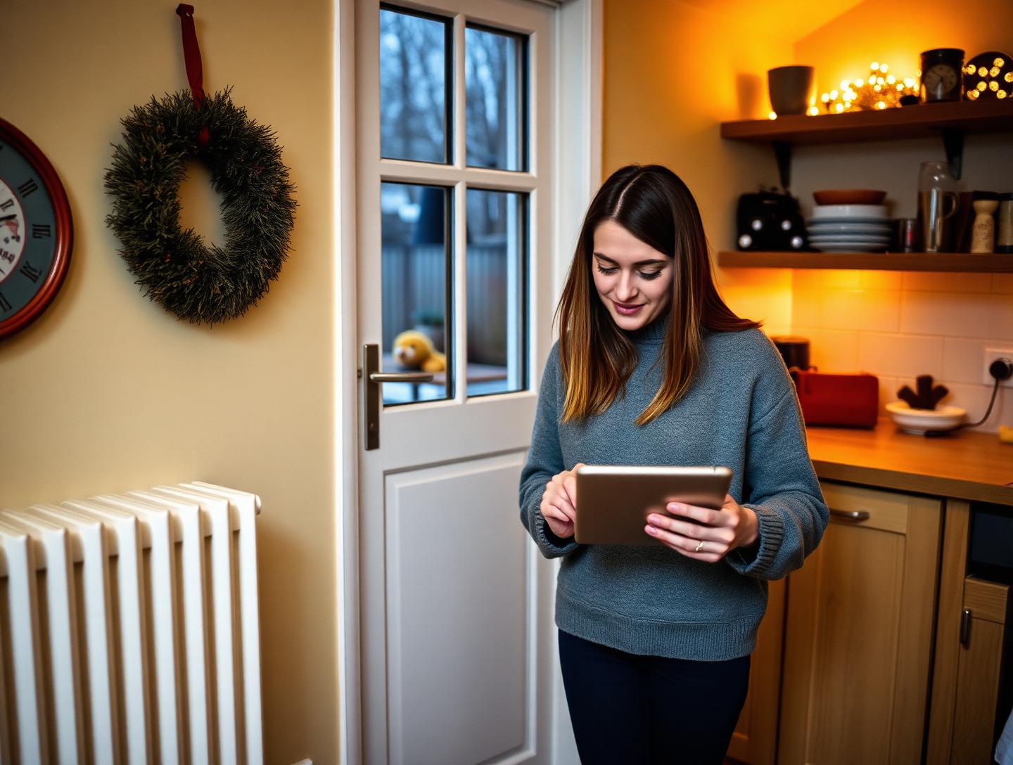 A woman checking a household bill on a tablet in her warm kitchen