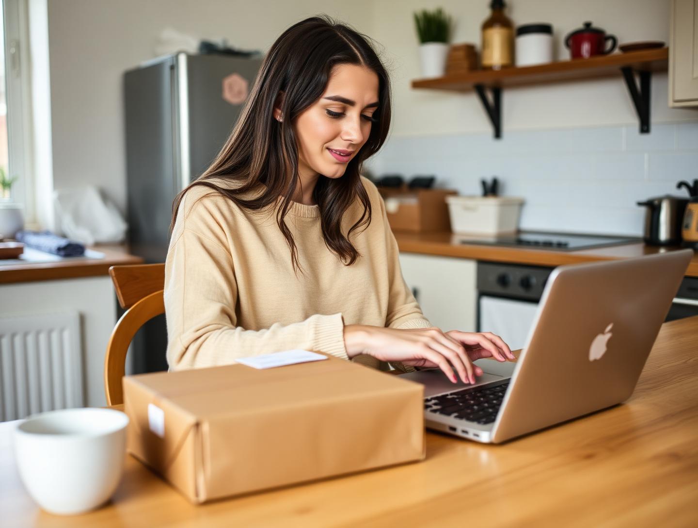 A woman packing a parcel beside her laptop at the kitchen table