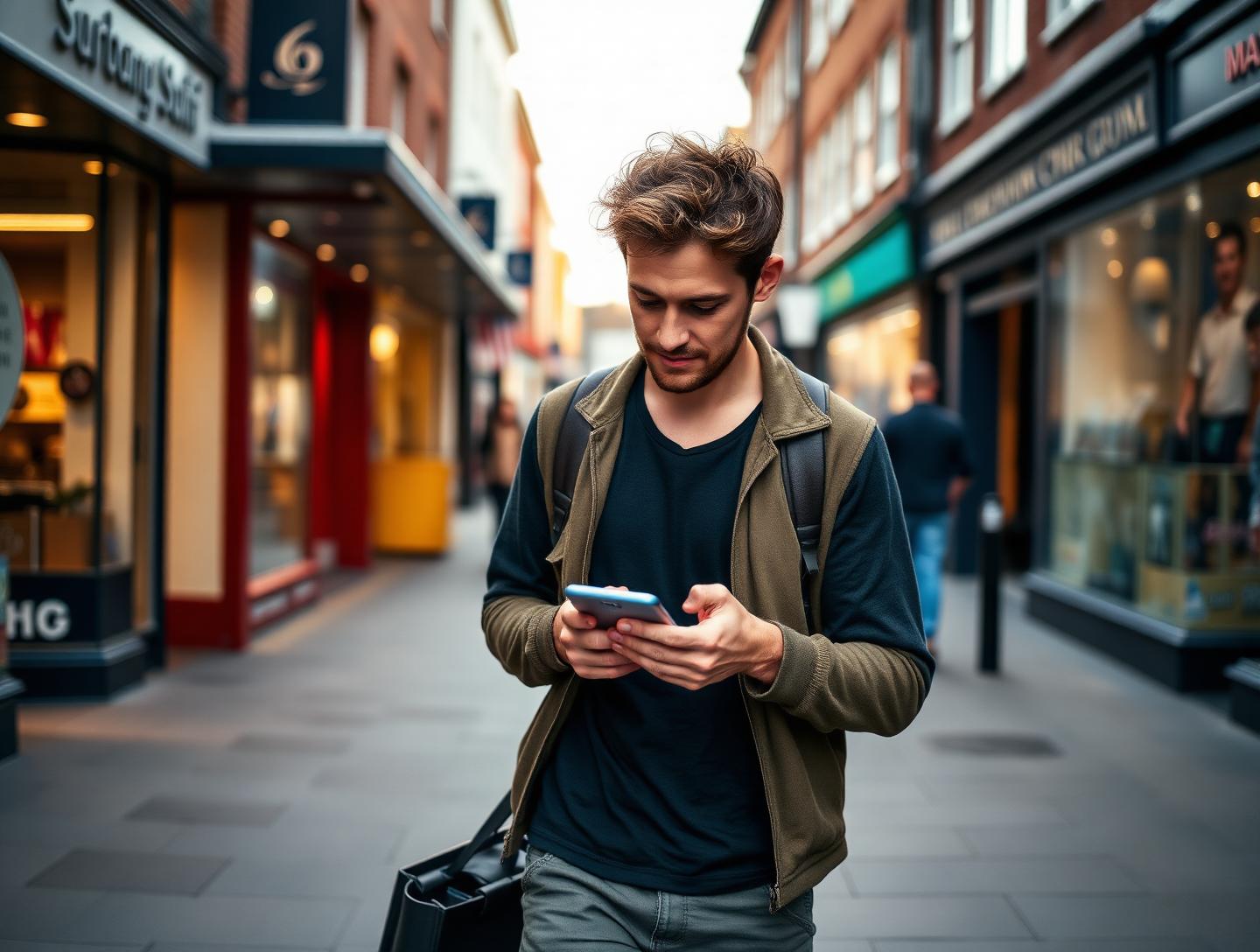 A man checking his phone while walking along a UK high street