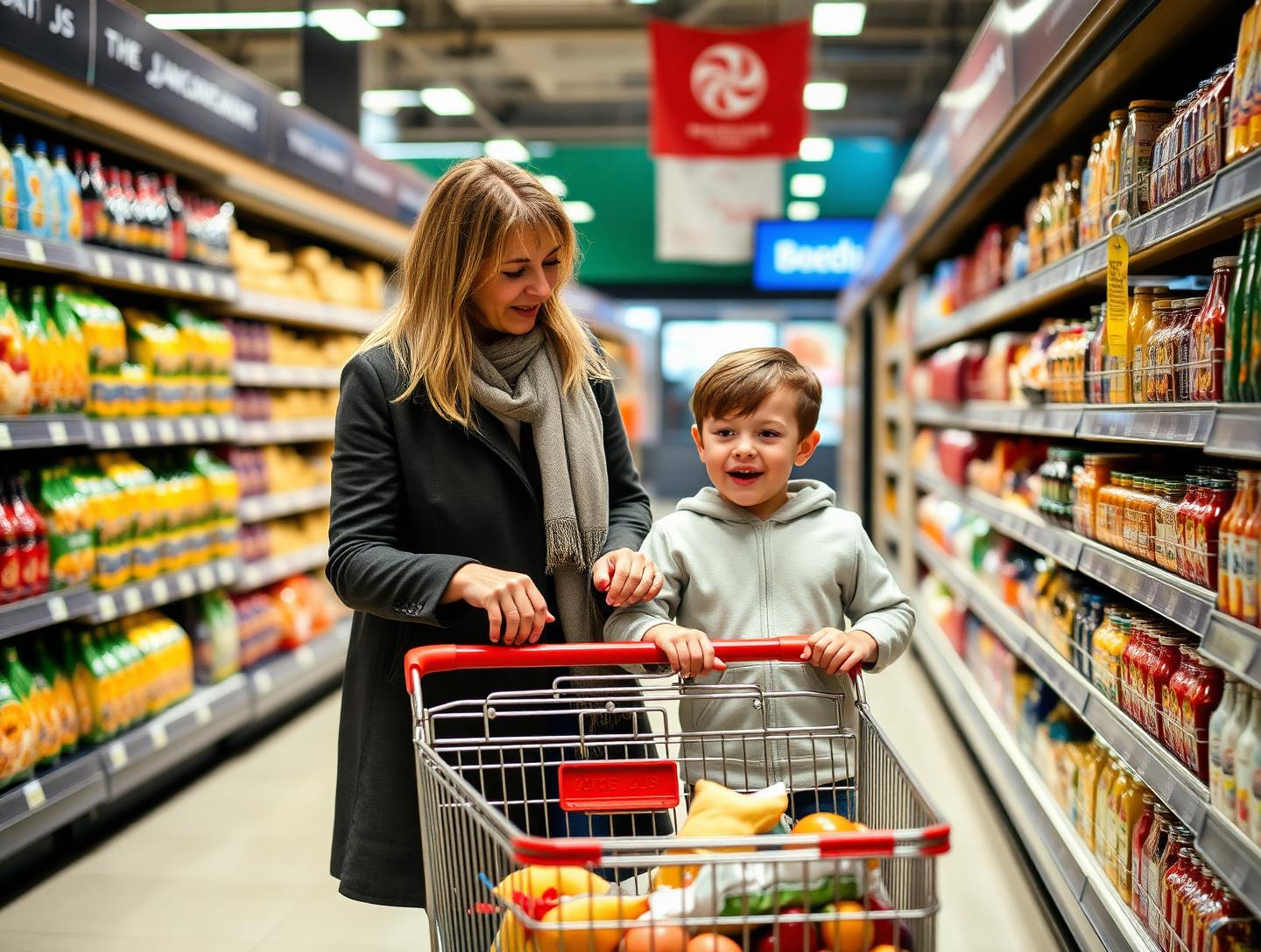 A mother and her son doing the weekly food shop together