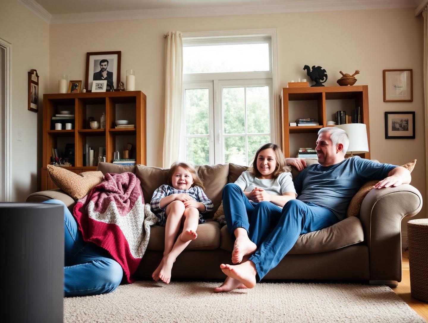 A British family relaxing together in their living room