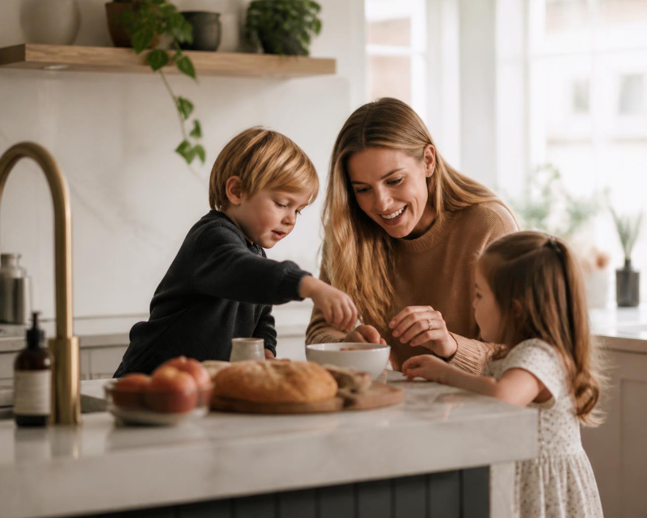A mother baking with her two young children in a bright family kitchen