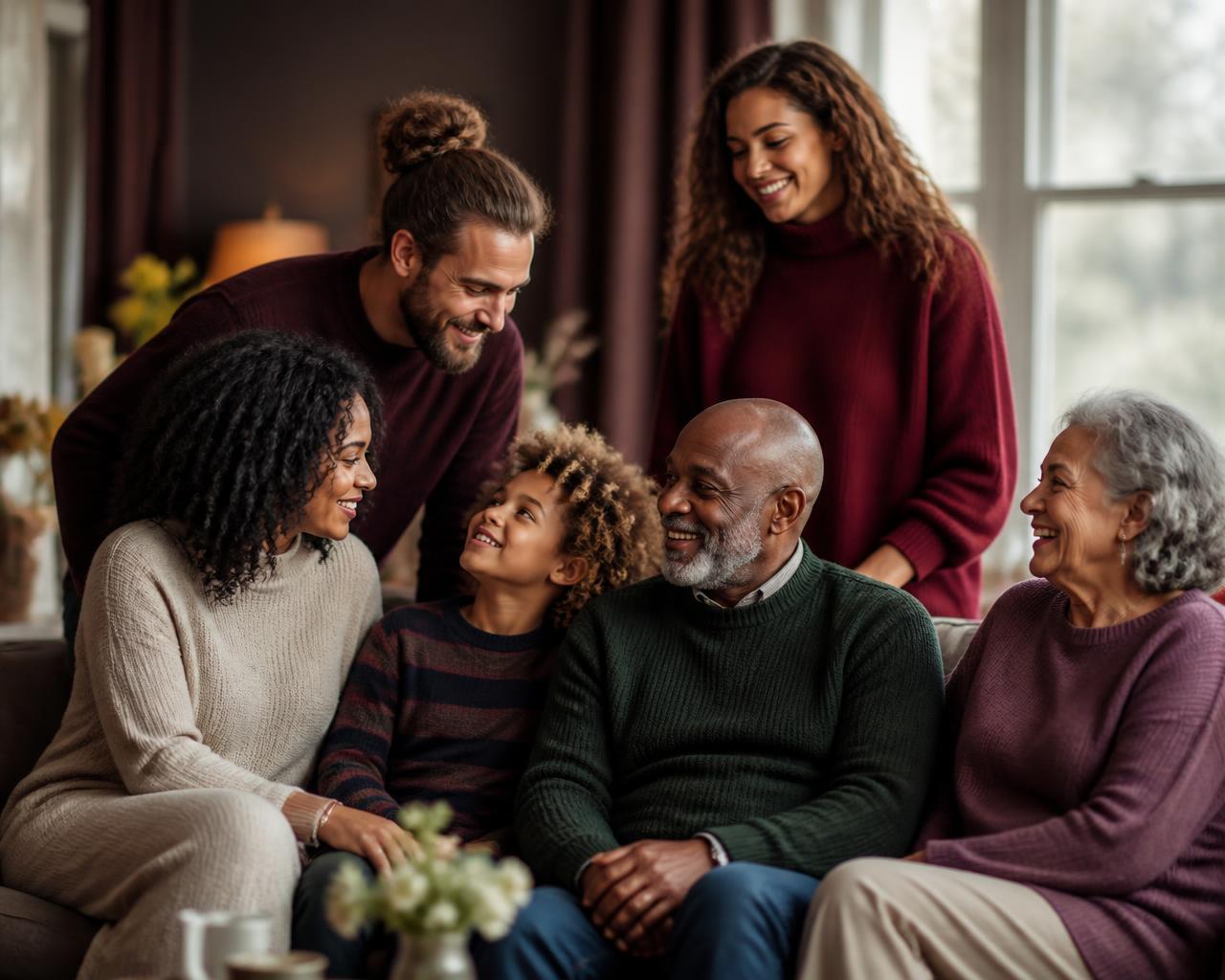 Three generations of a family sitting together and talking in their living room