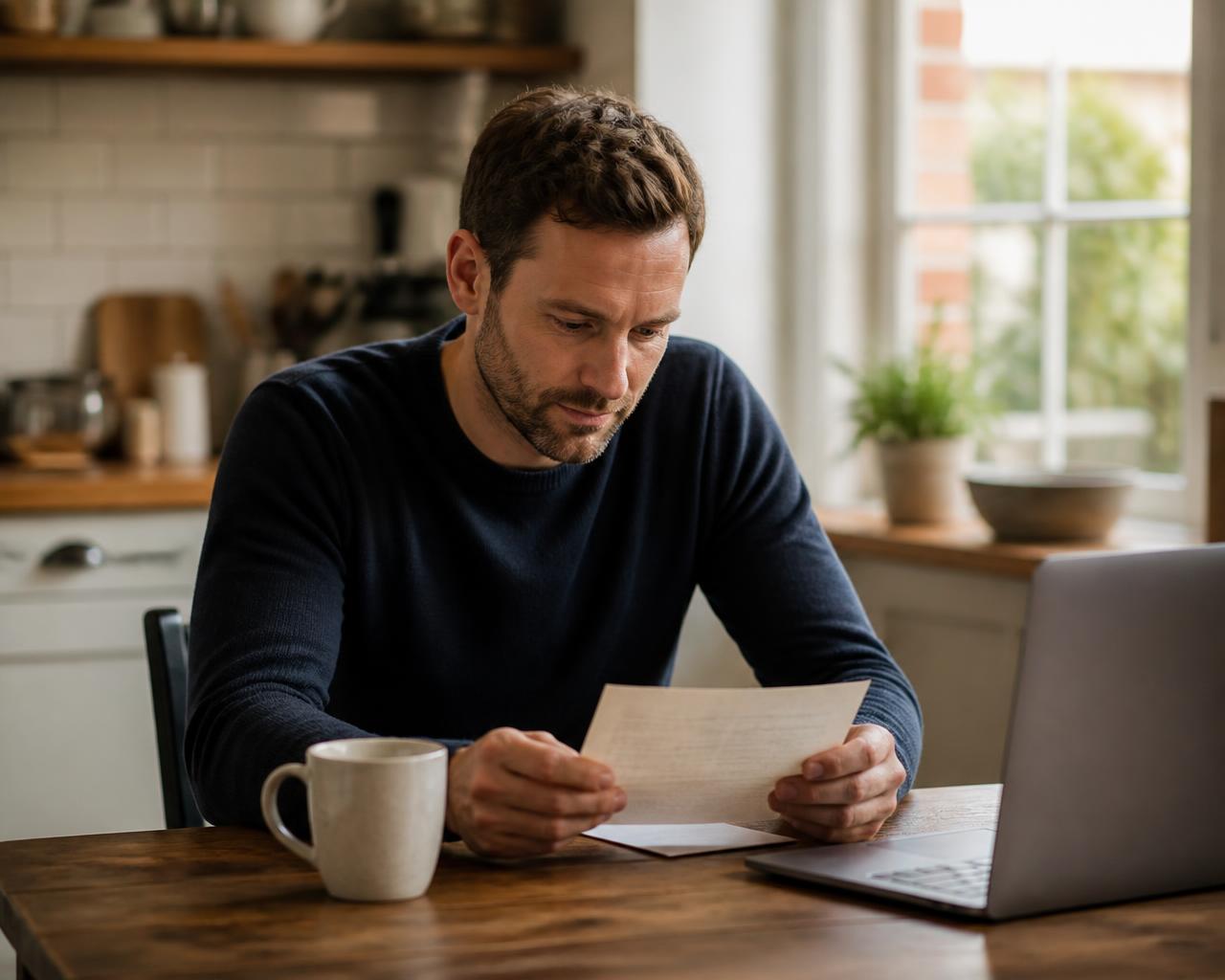 A man calmly reading a letter beside his laptop at the kitchen table