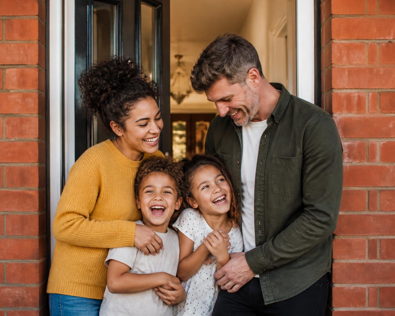 A family laughing together in the doorway of their home