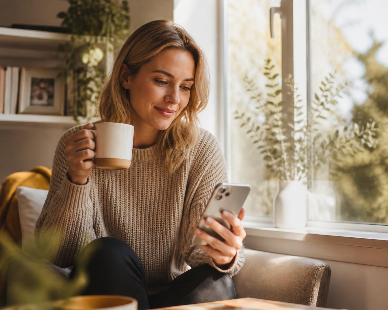 A woman holding a mug and checking her phone by the window at home