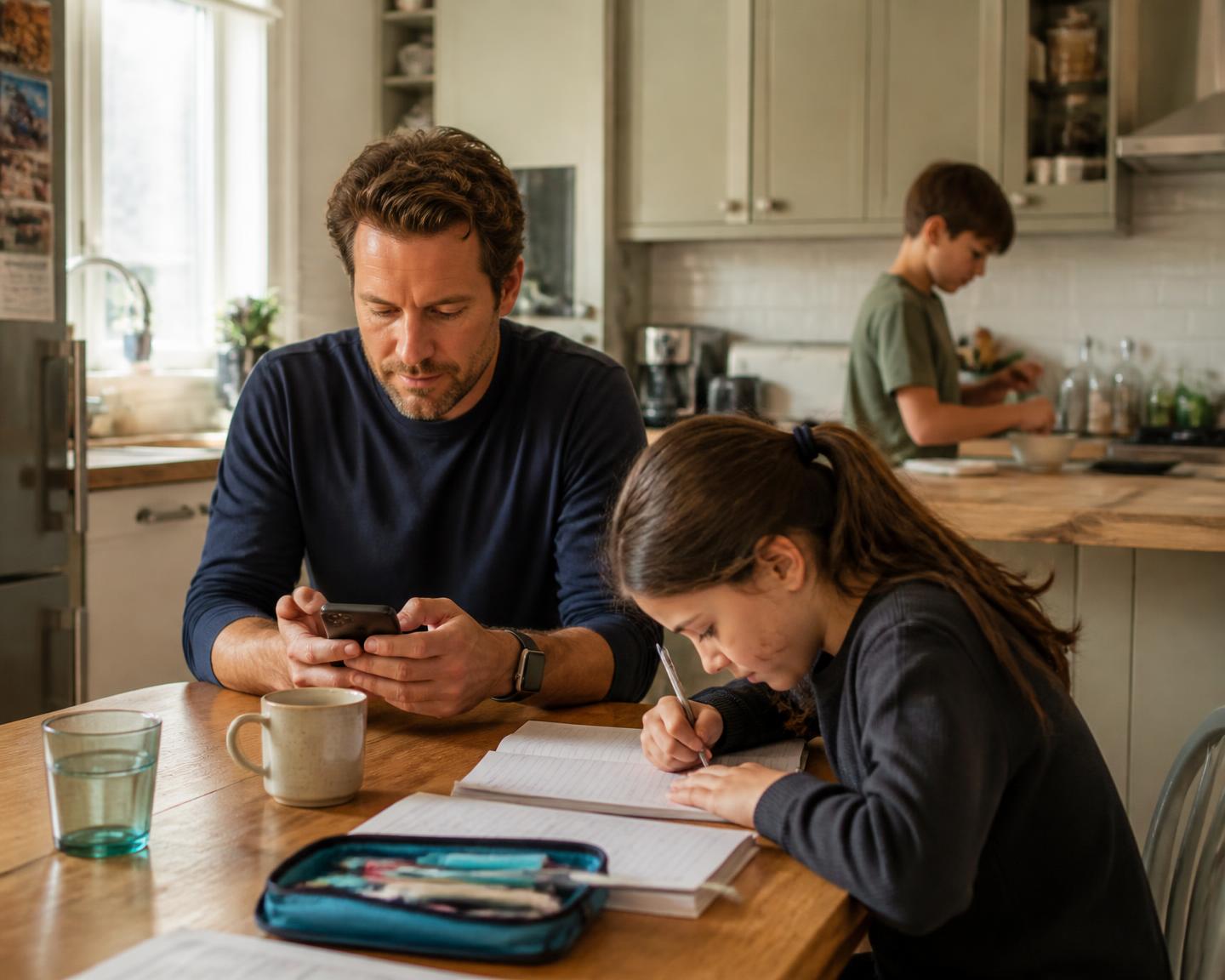 A parent looking at a phone at the kitchen table while their children do homework and make breakfast