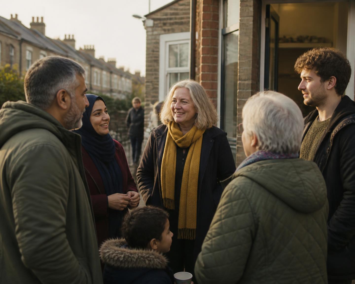 A mixed-age group of neighbours talking together outside a community building on a UK street