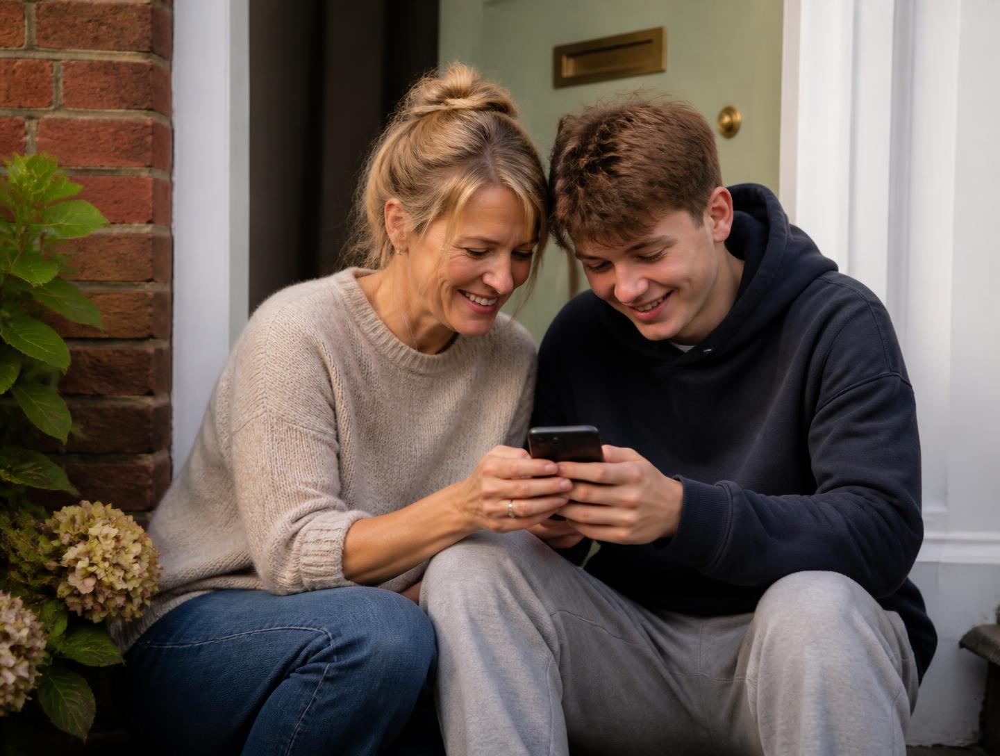 A mother and her teenage son looking at a phone together on their doorstep