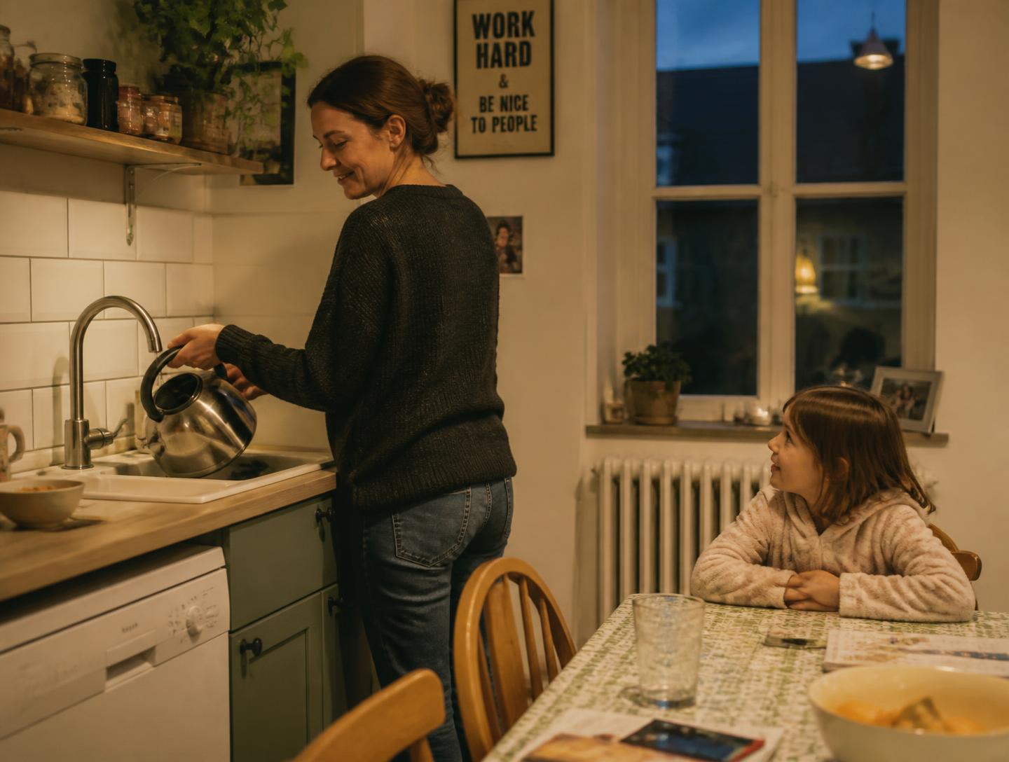 A warm family kitchen in the evening