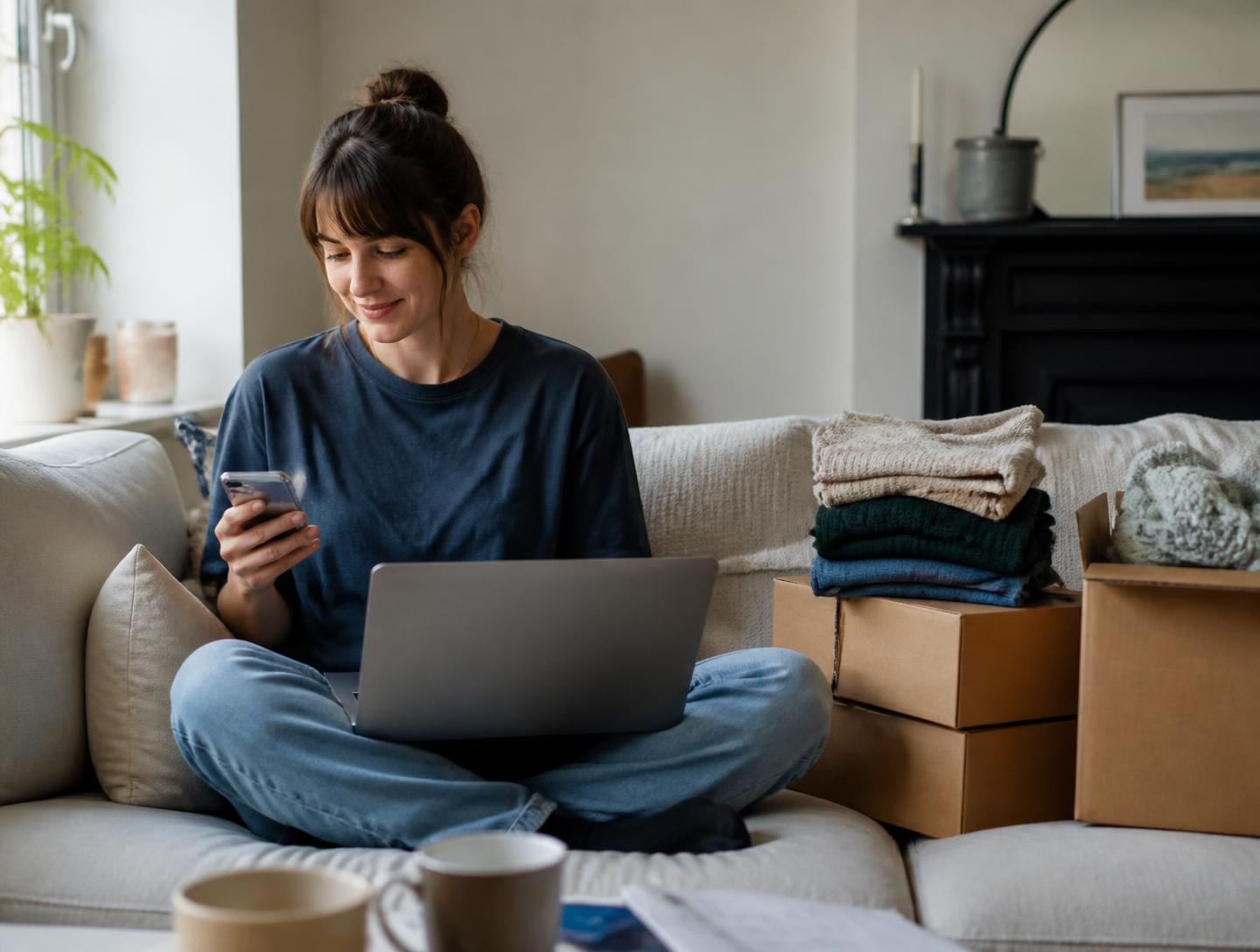 A woman using a laptop and phone on her sofa at home