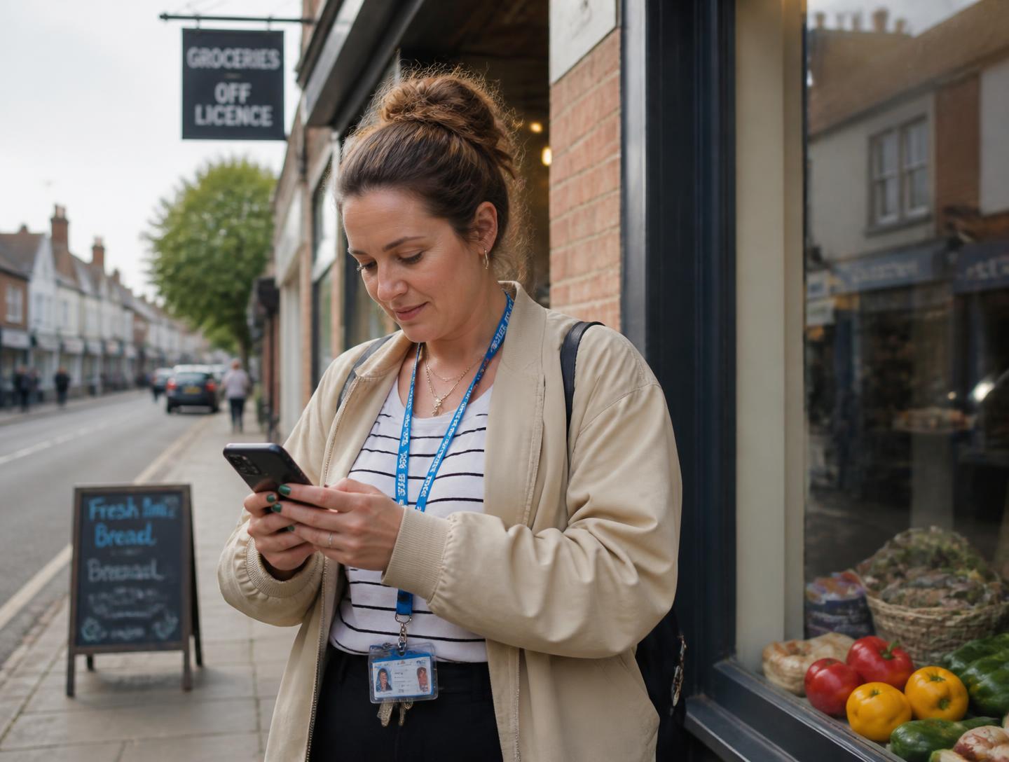 A woman checking her phone on a UK high street on the way to work
