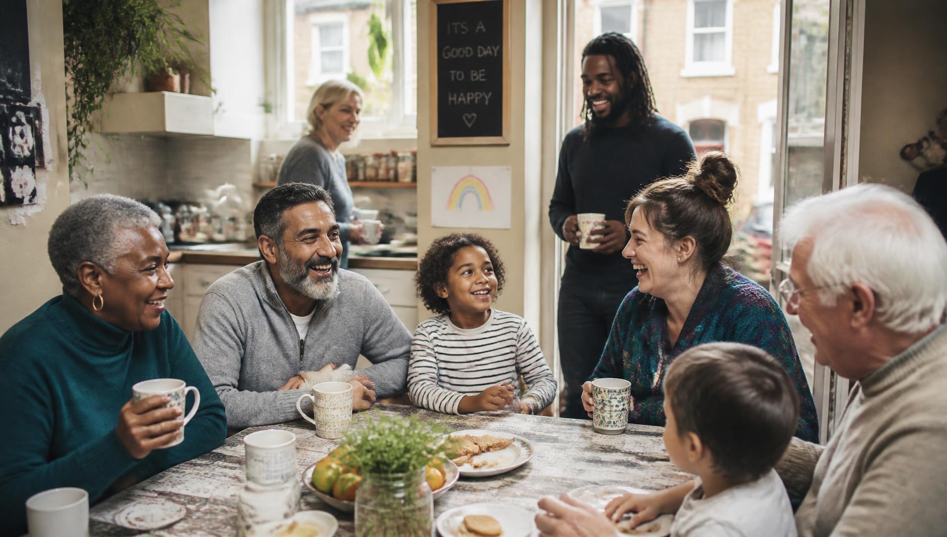 A British family and neighbours sharing tea around a kitchen table