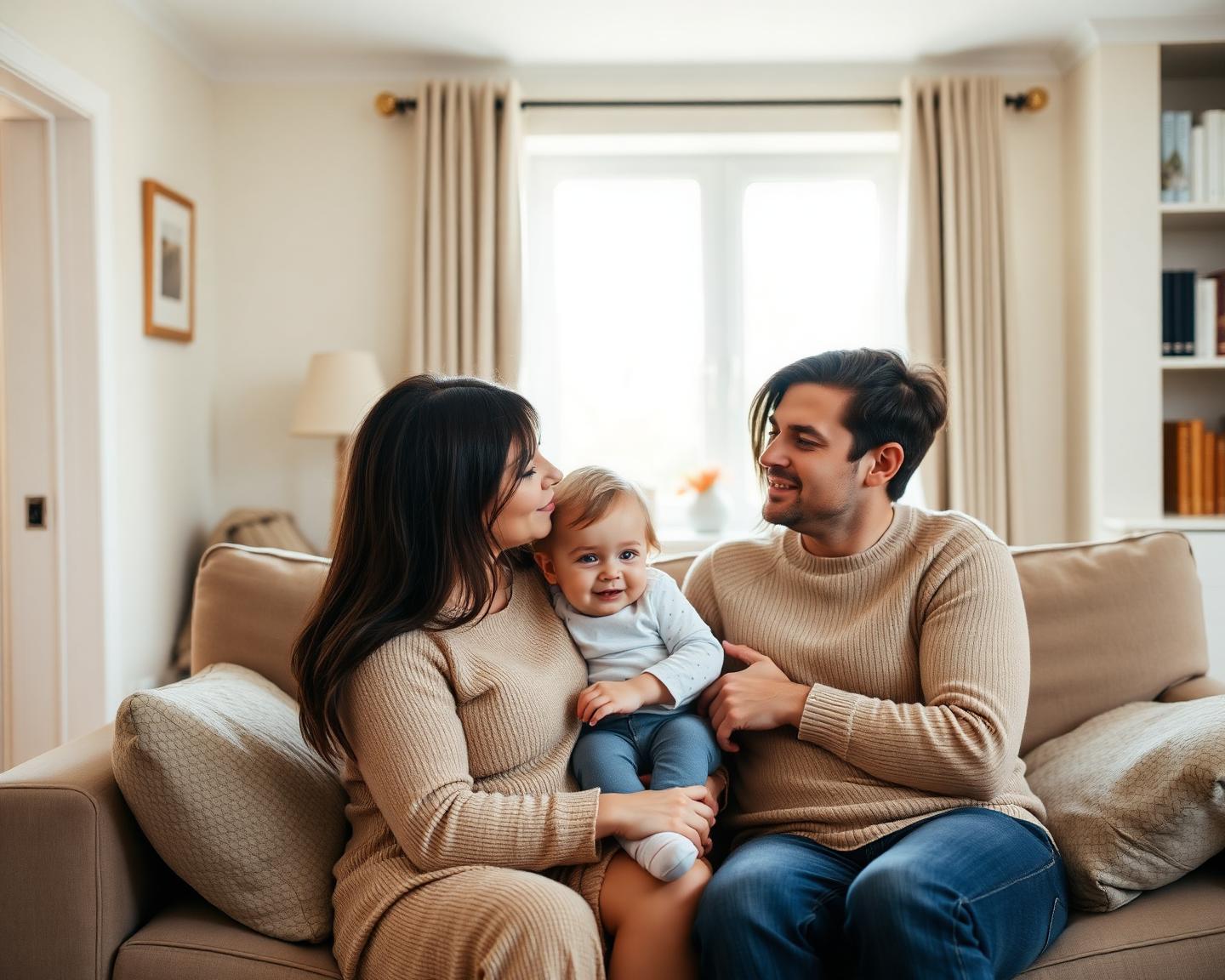 A family sitting together on the sofa in their living room at home