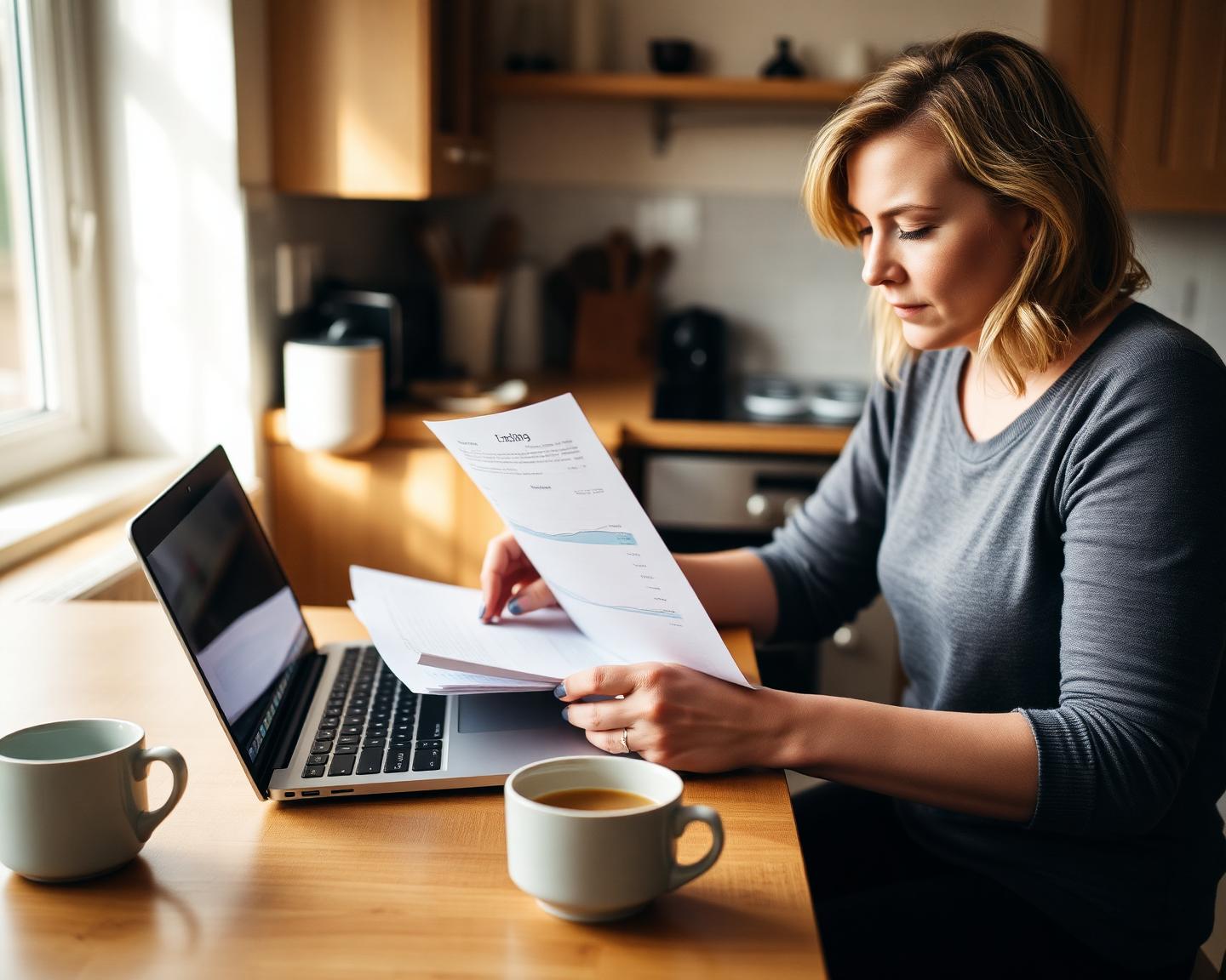 A woman reviewing household paperwork at her kitchen table with a laptop and a cup of tea