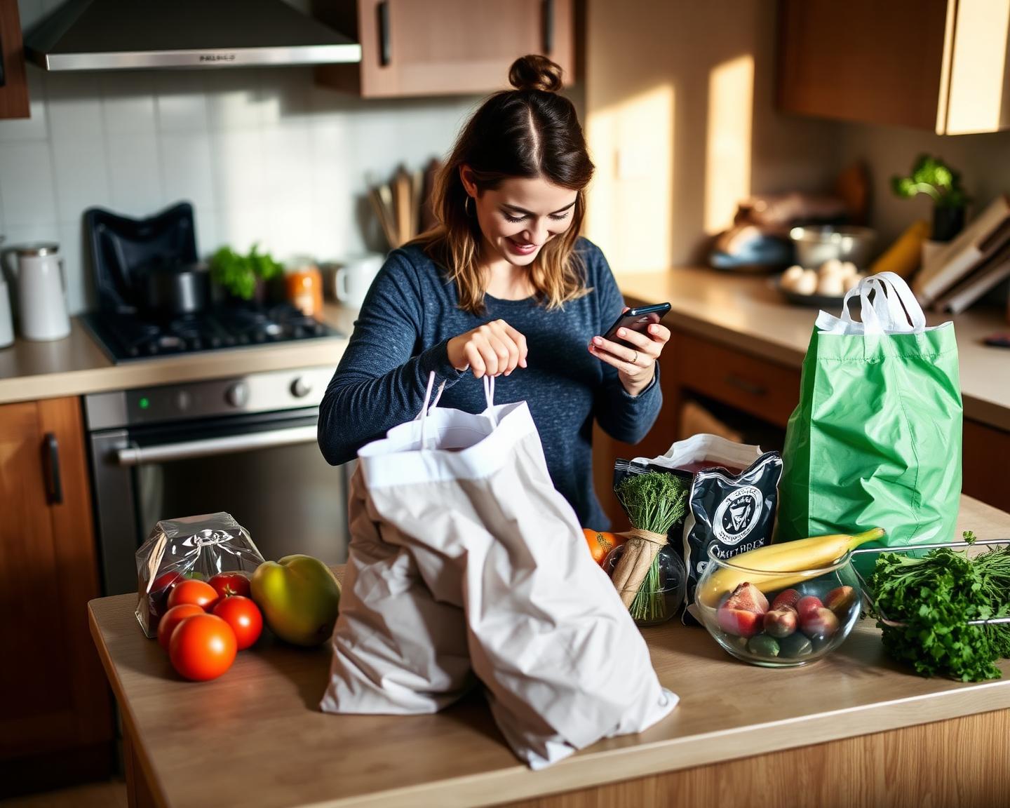 A woman unpacking her grocery shopping at home while checking her phone